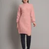 Women's pink cable-knit winter jumper dress with high neck and balloon sleeves Women's pink cable-knit winter jumper dress with high neck and balloon sleeves