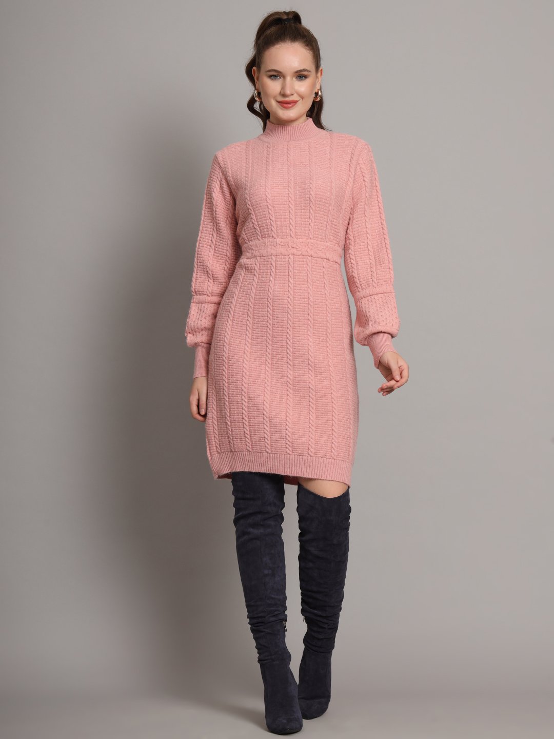 Women's pink cable-knit winter jumper dress with high neck and balloon sleeves