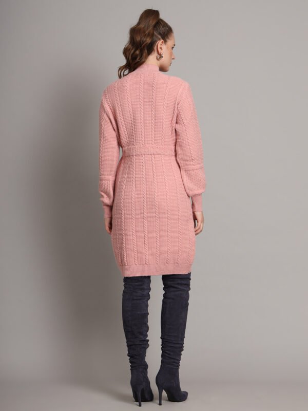 Women's Pink Cable-Knit Winter Jumper Dress with High Neck & Balloon Sleeves