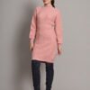 Women's Pink Cable-Knit Winter Jumper Dress with High Neck & Balloon Sleeves