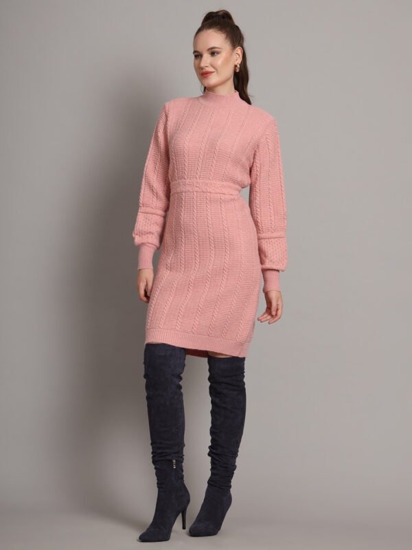 Women's Pink Cable-Knit Winter Jumper Dress with High Neck & Balloon Sleeves