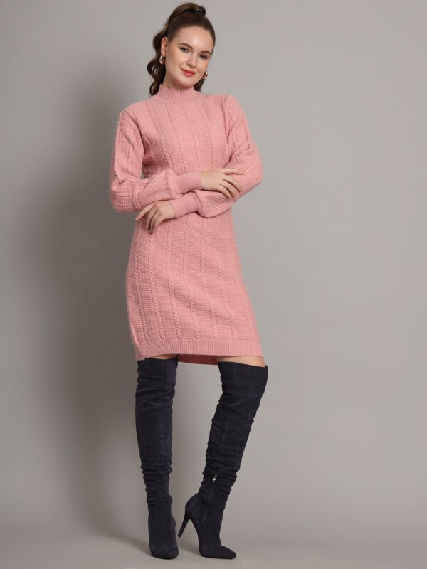 Women's Pink Cable-Knit Winter Jumper Dress with High Neck & Balloon Sleeves