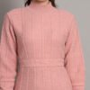 Women's Pink Cable-Knit Winter Jumper Dress with High Neck & Balloon Sleeves
