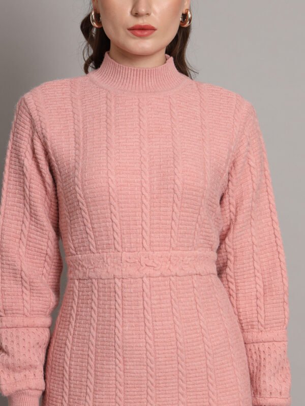 Women's Pink Cable-Knit Winter Jumper Dress with High Neck & Balloon Sleeves