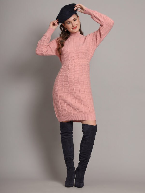 Women's Pink Cable-Knit Winter Jumper Dress with High Neck & Balloon Sleeves