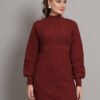 Women's Wine Cable-Knit Winter Jumper Dress with High Neck and Balloon Sleeves – Warm Knitwear