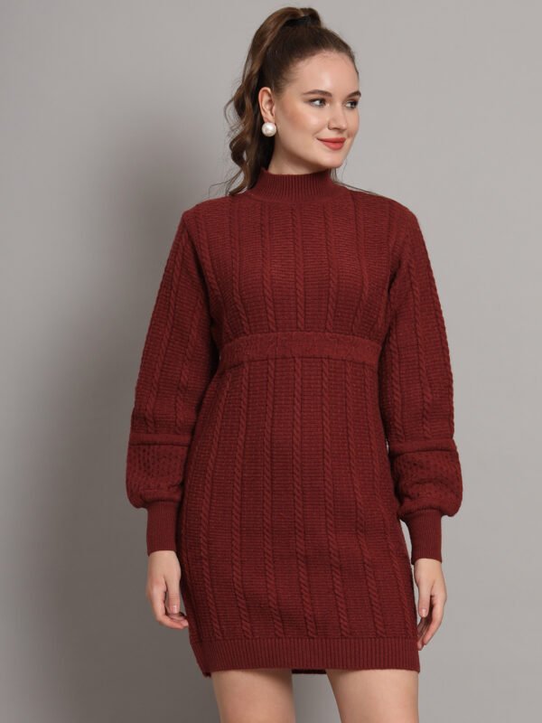 Women's Wine Cable-Knit Winter Jumper Dress with High Neck and Balloon Sleeves – Warm Knitwear Women's Wine Cable-Knit Winter Jumper Dress with High Neck and Balloon Sleeves – Warm Knitwear