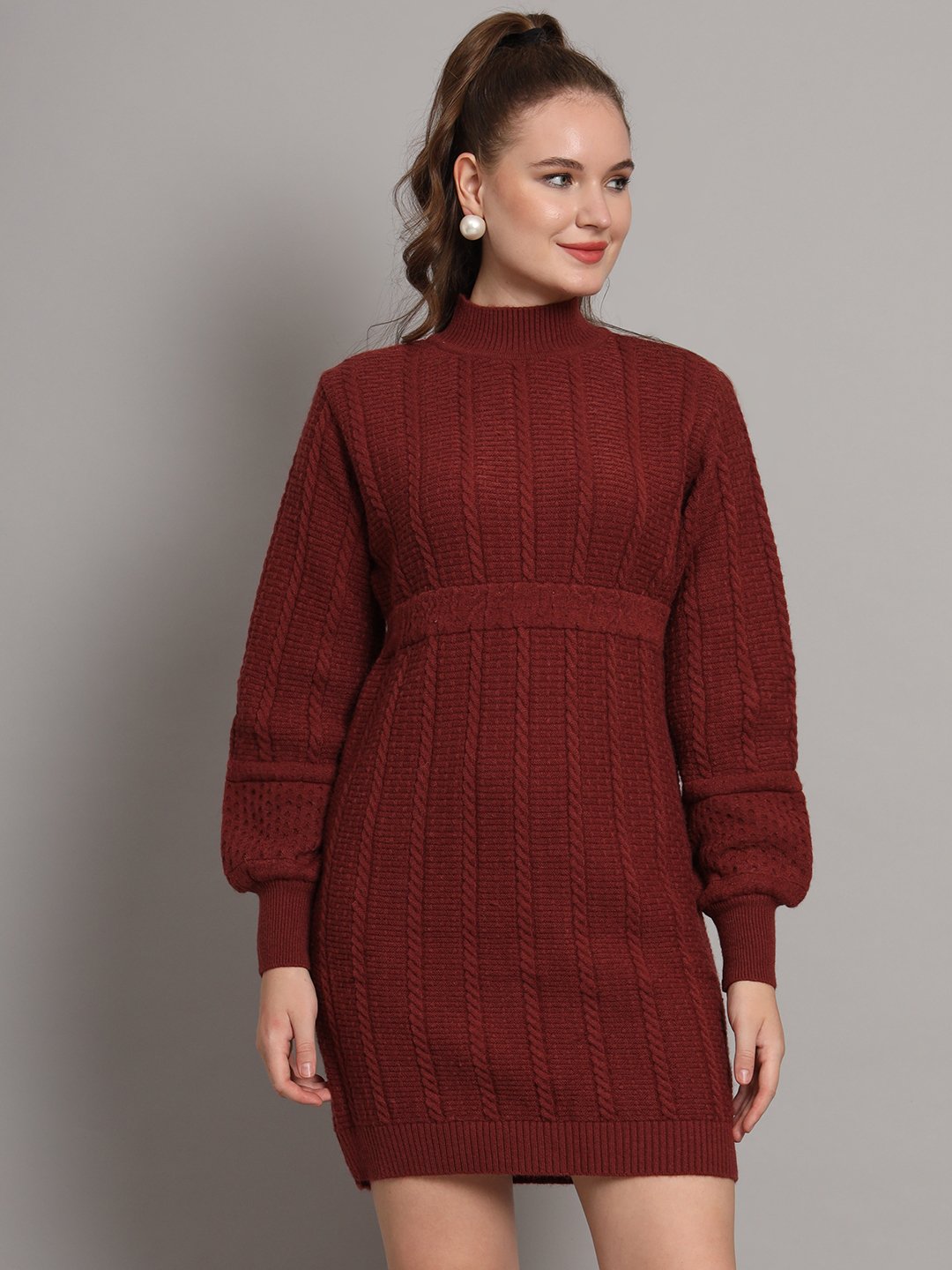 Women's Wine Cable-Knit Winter Jumper Dress with High Neck and Balloon Sleeves – Warm Knitwear