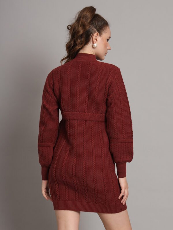 Wine Cable-Knit Winter Jumper Dress with High Neck & Balloon Sleeves – Elegant Warm Knitwear