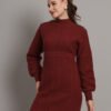 Wine Cable-Knit Winter Jumper Dress with High Neck & Balloon Sleeves – Elegant Warm Knitwear