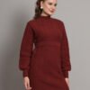 Wine Cable-Knit Winter Jumper Dress with High Neck & Balloon Sleeves – Elegant Warm Knitwear