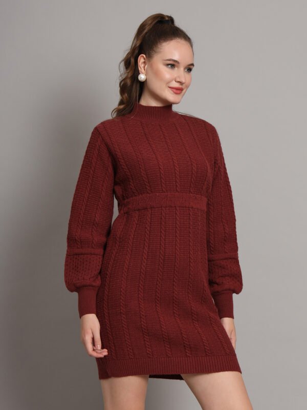 Wine Cable-Knit Winter Jumper Dress with High Neck & Balloon Sleeves – Elegant Warm Knitwear