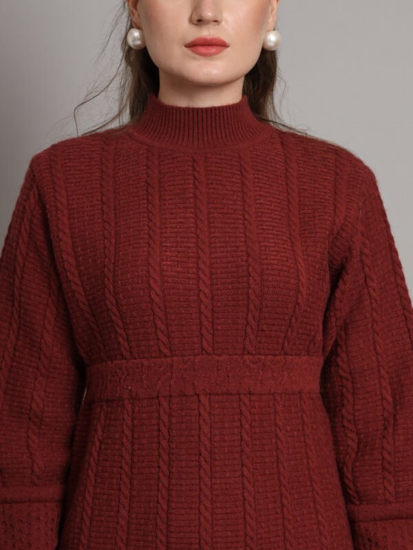 Wine Cable-Knit Winter Jumper Dress with High Neck & Balloon Sleeves – Elegant Warm Knitwear