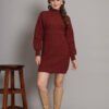Wine Cable-Knit Winter Jumper Dress with High Neck & Balloon Sleeves – Elegant Warm Knitwear