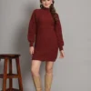J2_WINE_01_6 Wine Cable-Knit Winter Jumper Dress with High Neck & Balloon Sleeves – Elegant Warm Knitwear