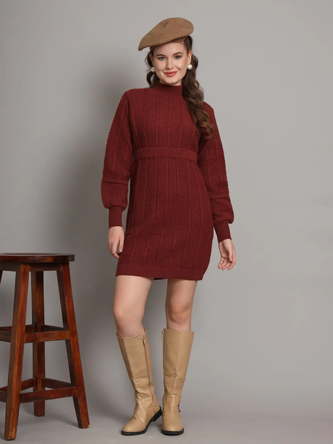 Wine Cable-Knit Winter Jumper Dress with High Neck & Balloon Sleeves – Elegant Warm Knitwear