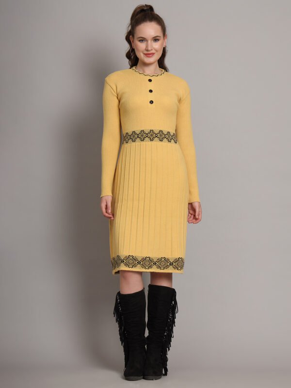 Women’s mustard yellow ribbed knit winter jumper dress with embroidered waist and hem Women’s mustard yellow ribbed knit winter jumper dress with embroidered waist and hem