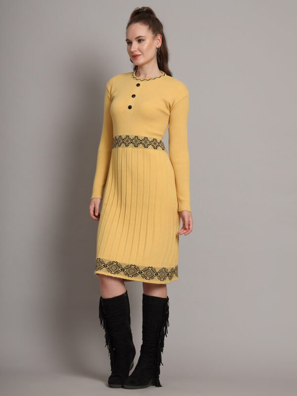 J3_GOLD_01_3 Women’s Mustard Yellow Ribbed Knit Winter Jumper Dress with Embroidered Details