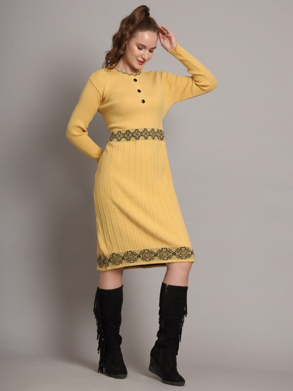 J3_GOLD_01_4 Women’s Mustard Yellow Ribbed Knit Winter Jumper Dress with Embroidered Details