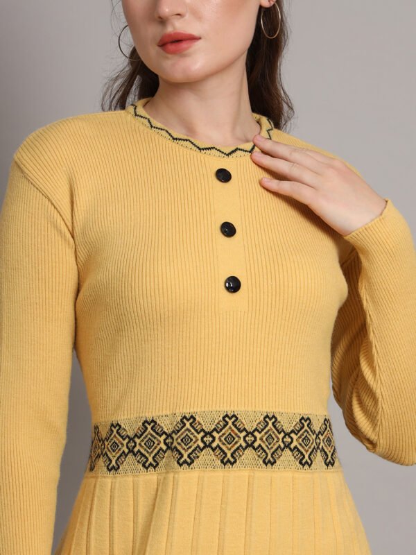 J3_GOLD_01_5 Women’s Mustard Yellow Ribbed Knit Winter Jumper Dress with Embroidered Details