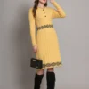 Women’s mustard yellow ribbed knit winter jumper dress with embroidered waist and hem Women’s mustard yellow ribbed knit winter jumper dress with embroidered waist and hem