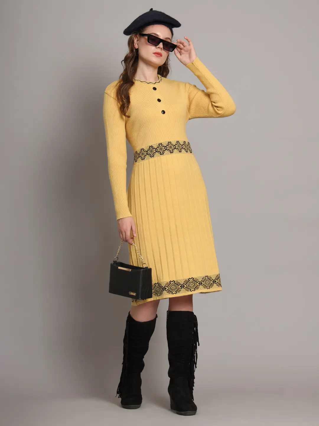 Women’s mustard yellow ribbed knit winter jumper dress with embroidered waist and hem