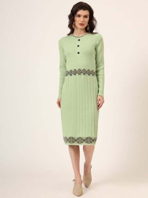 Women’s Pista Green Ribbed Knit Winter Jumper Dress with Embroidered Waist & Hemline