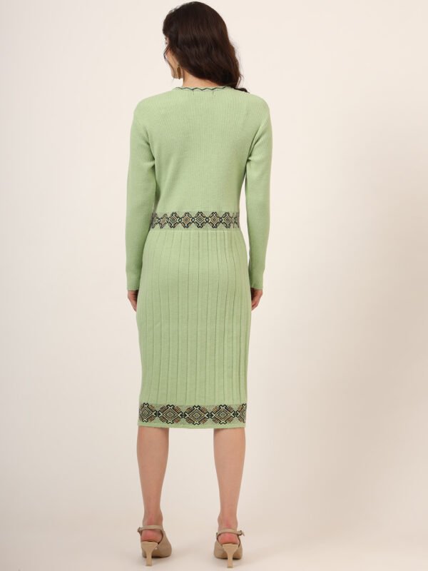 Women’s Pista Green Ribbed Knit Winter Jumper Dress with Embroidered Waist & Hemline