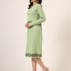 Women’s Pista Green Ribbed Knit Winter Jumper Dress with Embroidered Waist & Hemline