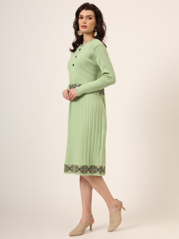 Women’s Pista Green Ribbed Knit Winter Jumper Dress with Embroidered Waist & Hemline