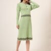 Women’s Pista Green Ribbed Knit Winter Jumper Dress with Embroidered Waist & Hemline