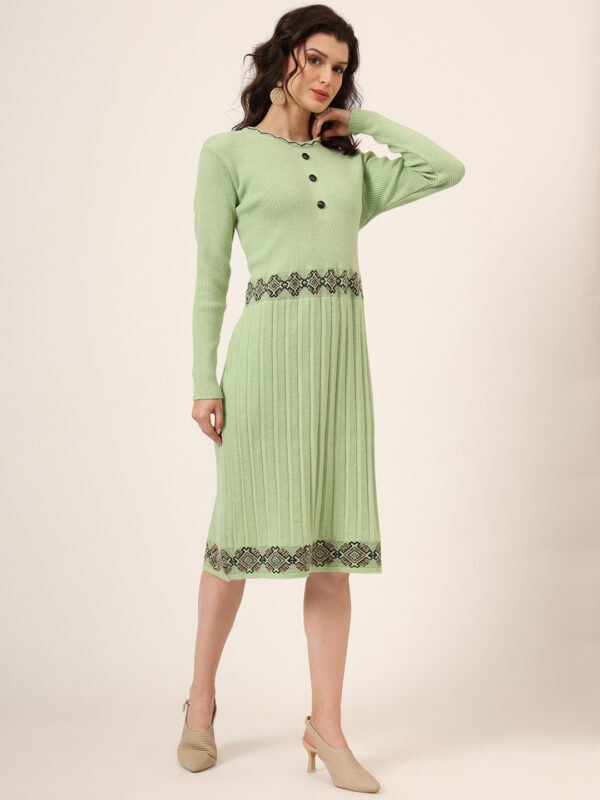 Women’s Pista Green Ribbed Knit Winter Jumper Dress with Embroidered Waist & Hemline