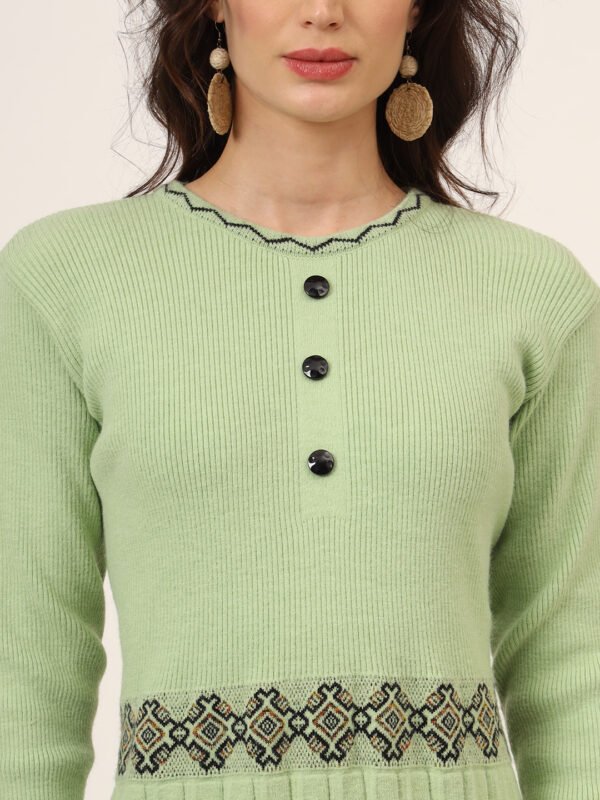 Women’s Pista Green Ribbed Knit Winter Jumper Dress with Embroidered Waist & Hemline