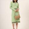 Women’s pista green ribbed knit winter jumper dress with embroidered waist and hemline