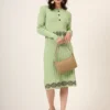 Women’s pista green ribbed knit winter jumper dress with embroidered waist and hemline