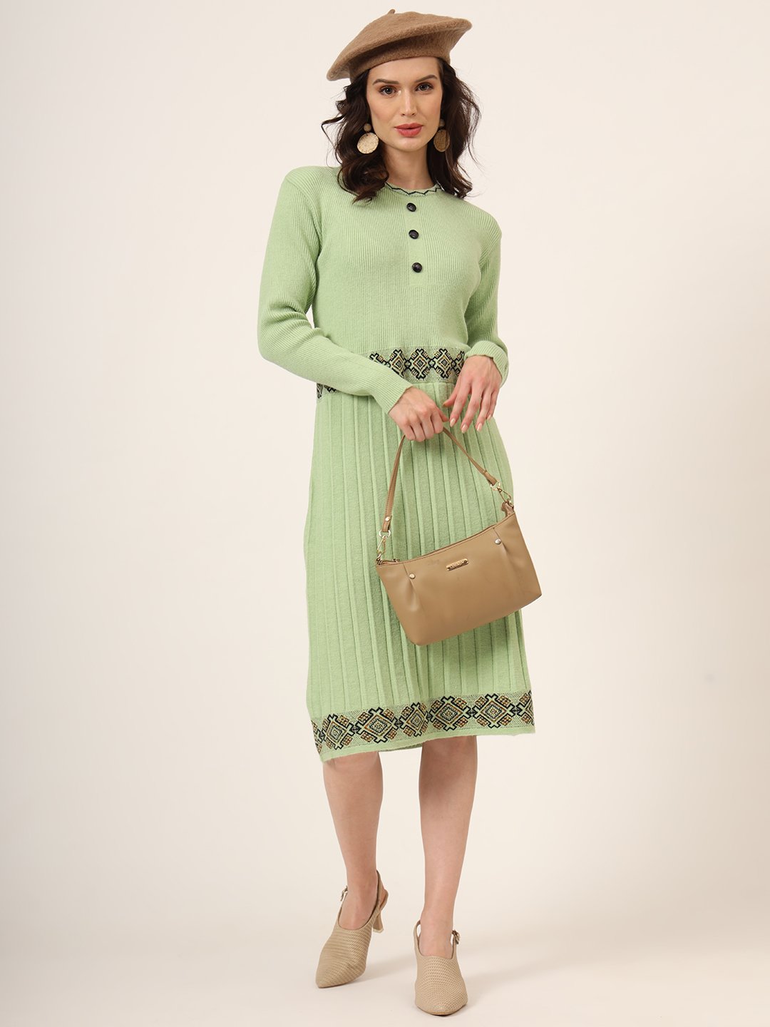 Women’s pista green ribbed knit winter jumper dress with embroidered waist and hemline