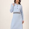 Women’s sky blue ribbed knit winter jumper dress with embroidered waist and hemline