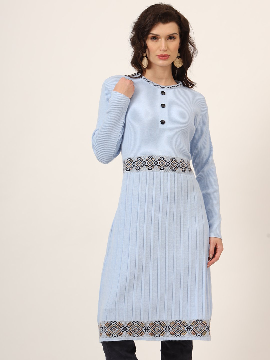 Women’s sky blue ribbed knit winter jumper dress with embroidered waist and hemline