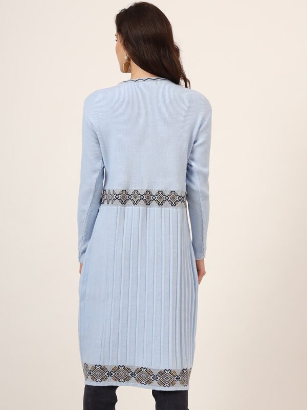 Women’s Sky Blue Ribbed Knit Winter Jumper Dress with Embroidered Waist & Hemline