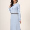 Women’s Sky Blue Ribbed Knit Winter Jumper Dress with Embroidered Waist & Hemline