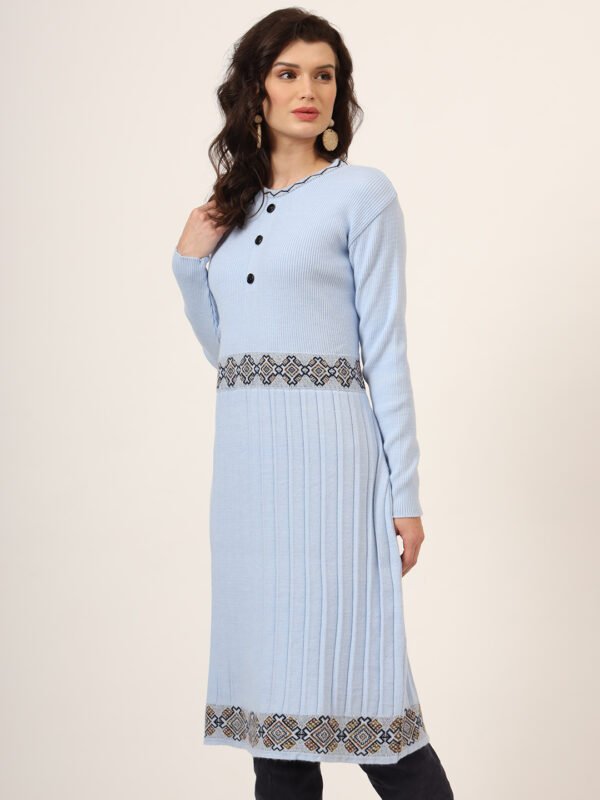 Women’s Sky Blue Ribbed Knit Winter Jumper Dress with Embroidered Waist & Hemline