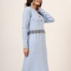 Women’s Sky Blue Ribbed Knit Winter Jumper Dress with Embroidered Waist & Hemline