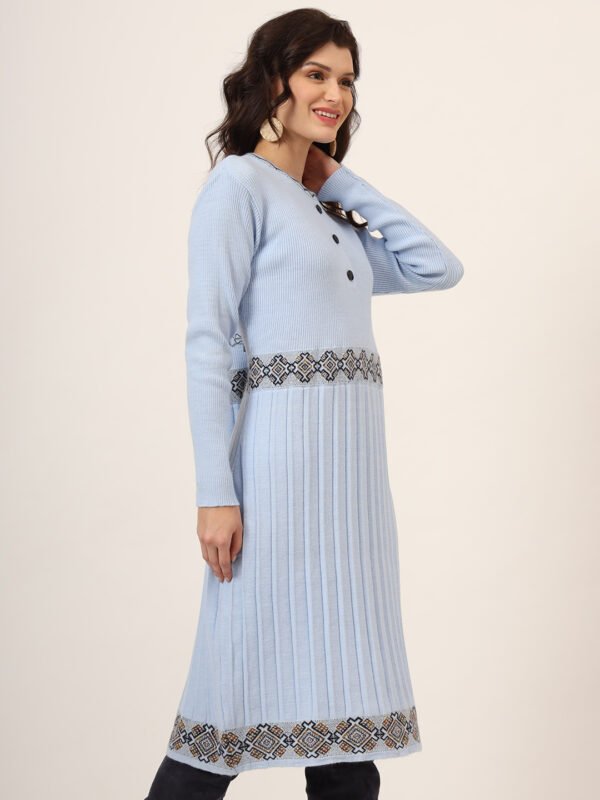 Women’s Sky Blue Ribbed Knit Winter Jumper Dress with Embroidered Waist & Hemline