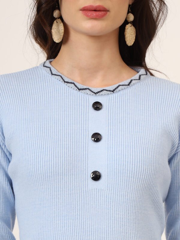Women’s Sky Blue Ribbed Knit Winter Jumper Dress with Embroidered Waist & Hemline