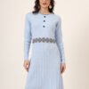 Women’s Sky Blue Ribbed Knit Winter Jumper Dress with Embroidered Waist & Hemline