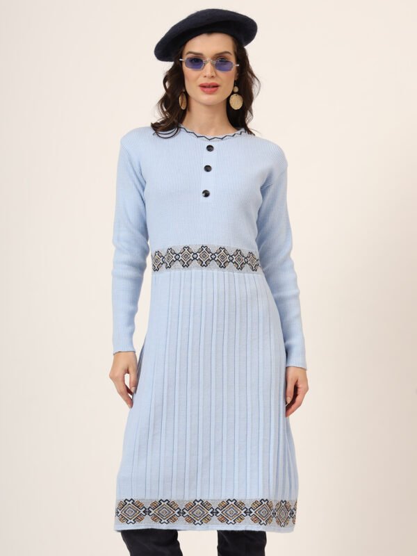 Women’s Sky Blue Ribbed Knit Winter Jumper Dress with Embroidered Waist & Hemline