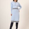 Women’s Sky Blue Ribbed Knit Winter Jumper Dress with Embroidered Waist & Hemline