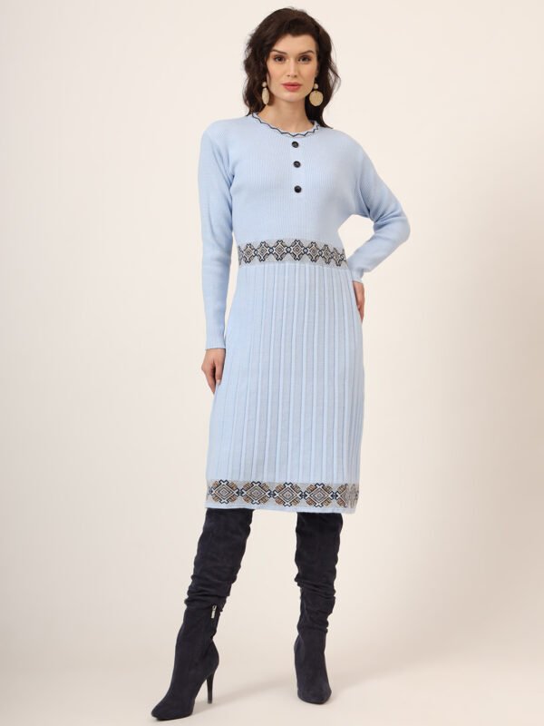 Women’s Sky Blue Ribbed Knit Winter Jumper Dress with Embroidered Waist & Hemline