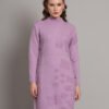Lilac women’s knit jumper dress with embroidered maple leaf design, long sleeves, and waist tie – winter fashion
