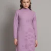 Lilac women’s knit jumper dress with embroidered maple leaf design, long sleeves, and waist tie – winter fashion